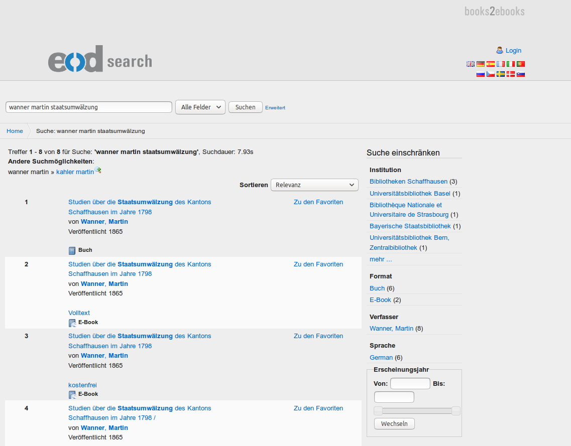 Trefferliste im Katalog "EOD Search"